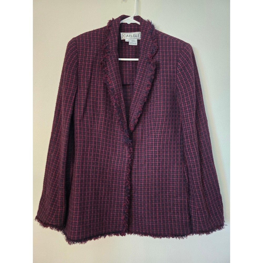 Carlisle Blazer Silk Wool Blend Womens 4 Raw Hem Maroon Black Plaid